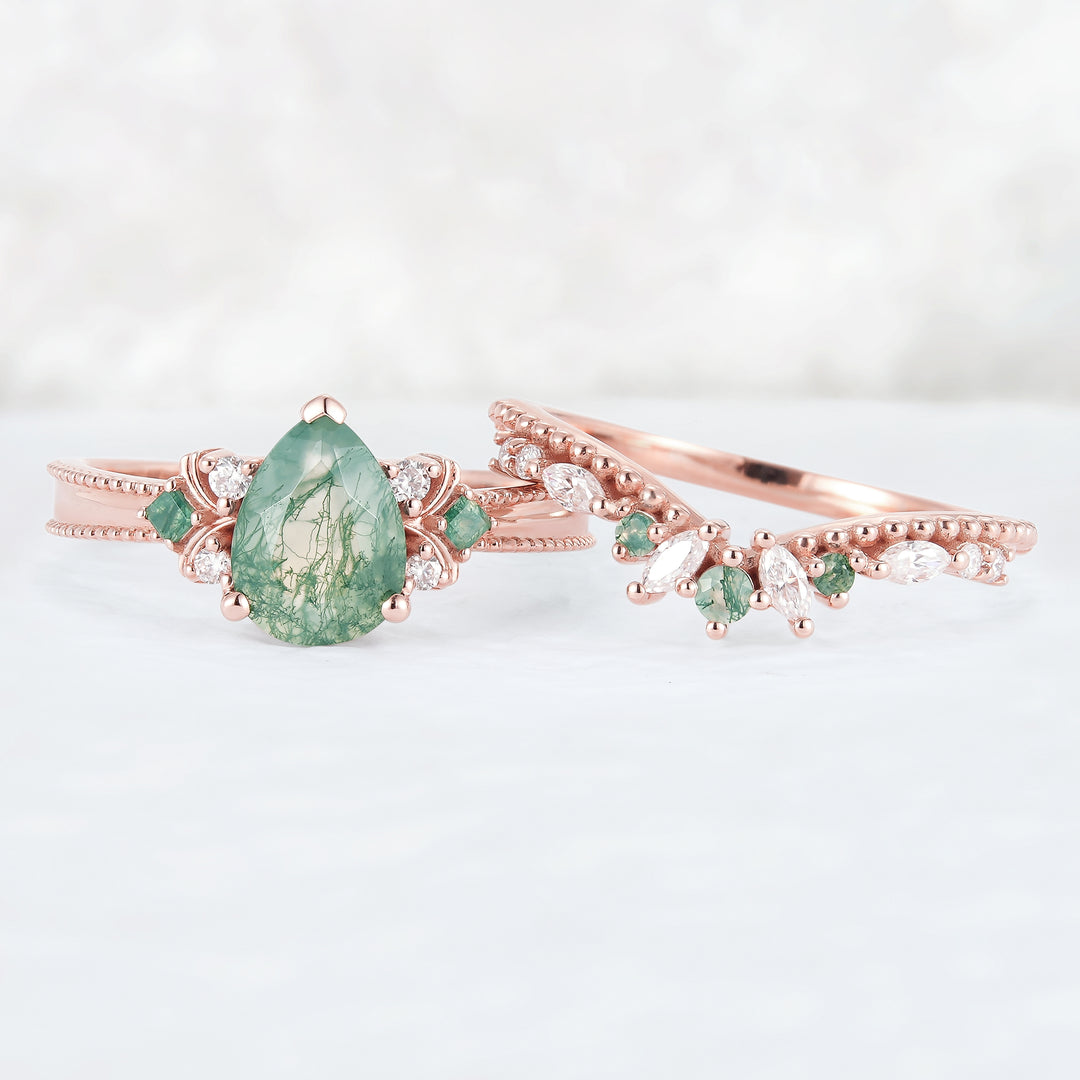 Princess Mononoke Pear Cut Moss Agate Cluster Gemstone Ring Set 2pcs - Iver Jewelry