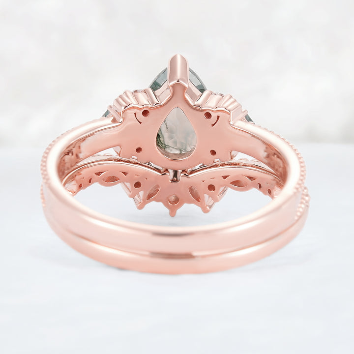 Princess Mononoke Pear Cut Moss Agate Cluster Gemstone Ring Set 2pcs - Iver Jewelry