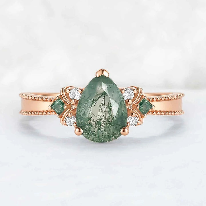 Princess Mononoke Pear Cut Moss Agate Cluster Gemstone Ring