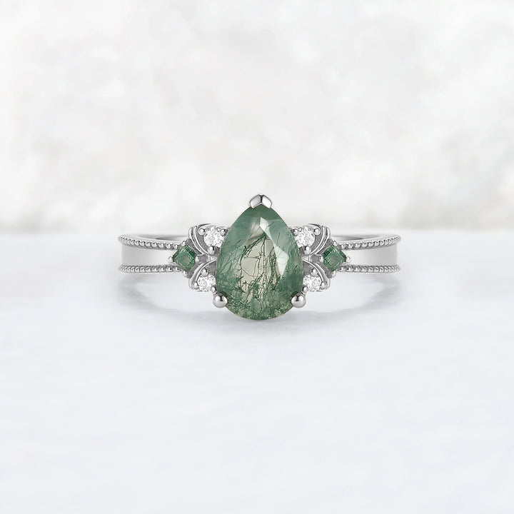 Princess Mononoke Pear Cut Moss Agate Cluster Gemstone Ring