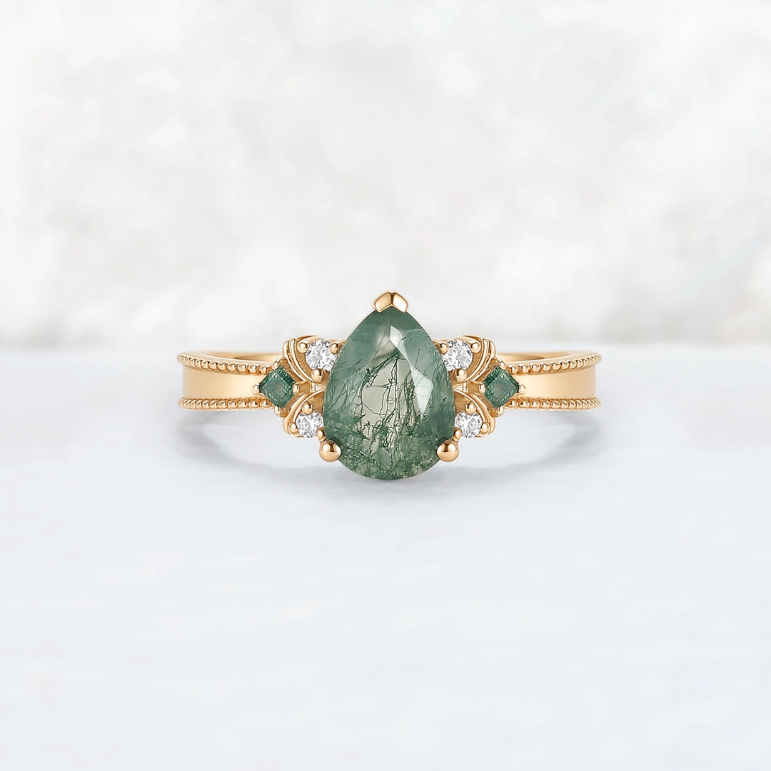 Princess Mononoke Pear Cut Moss Agate Cluster Gemstone Ring
