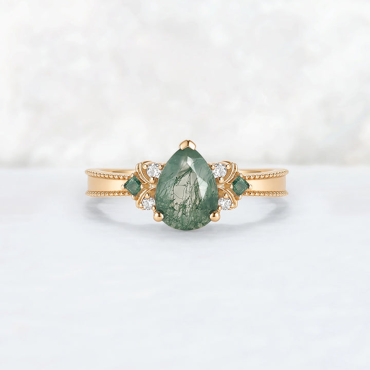 Princess Mononoke Pear Cut Moss Agate Cluster Gemstone Ring