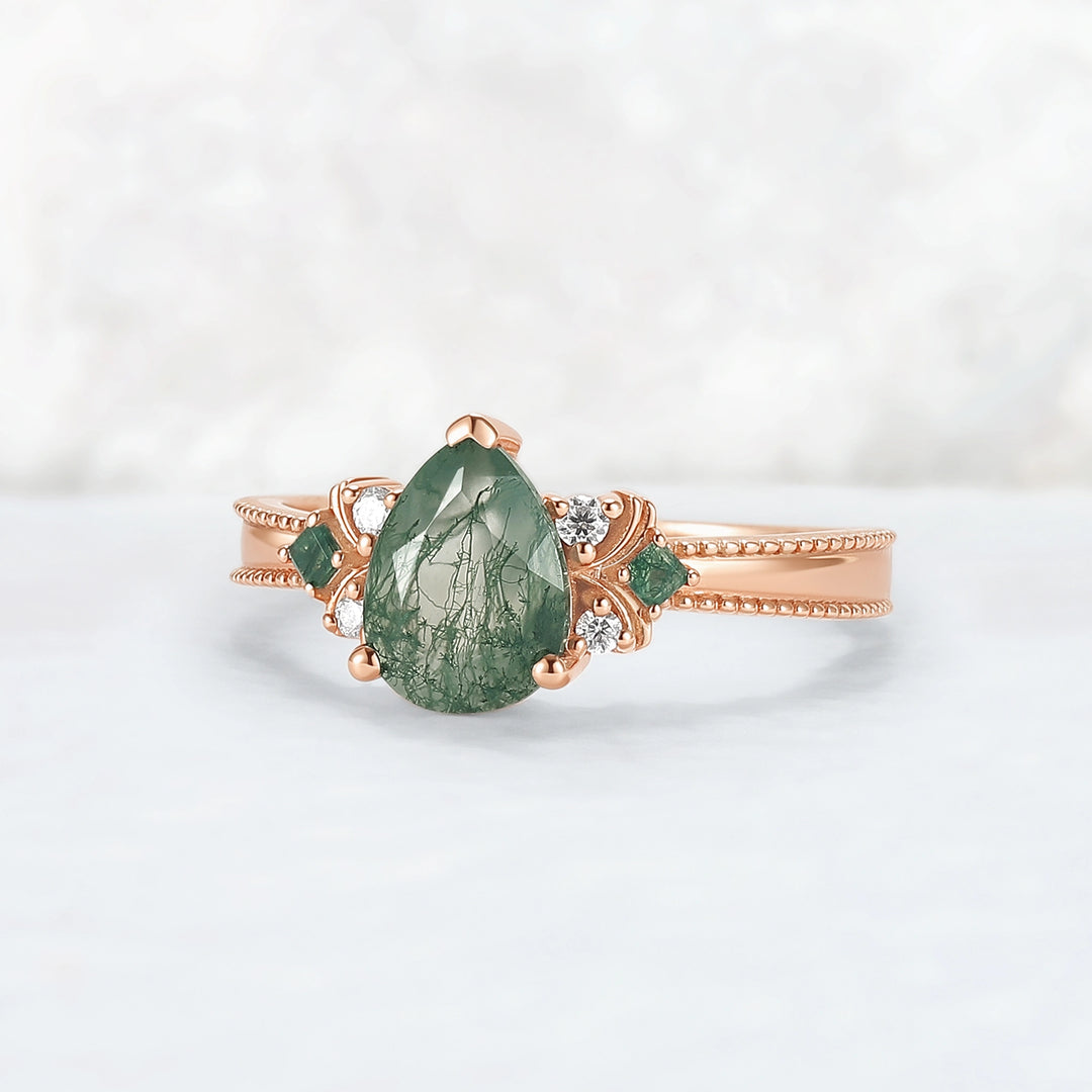 Princess Mononoke Pear Cut Moss Agate Cluster Gemstone Ring