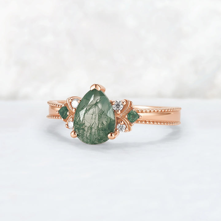 Princess Mononoke Pear Cut Moss Agate Cluster Gemstone Ring