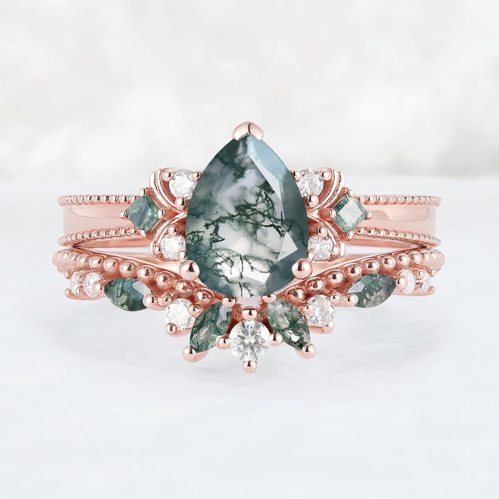 Princess Mononoke Pear Cut Moss Agate Cluster Gemstone Ring Set 2pcs