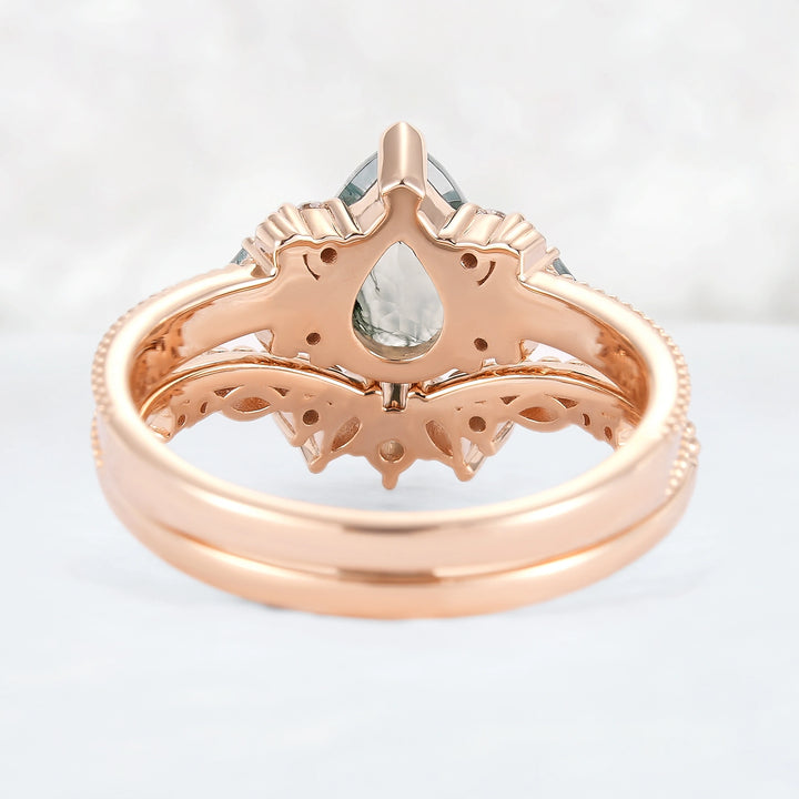 Princess Mononoke Pear Cut Moss Agate Cluster Gemstone Ring Set 2pcs
