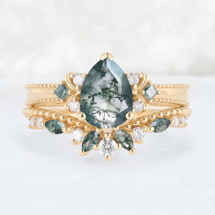 Princess Mononoke Pear Cut Moss Agate Cluster Gemstone Ring Set 2pcs