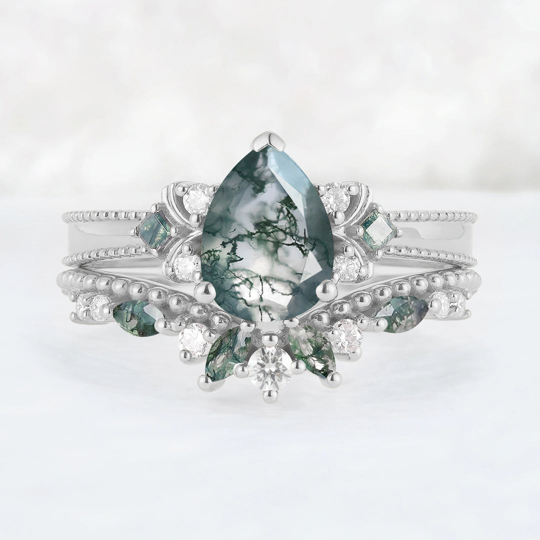 Princess Mononoke Pear Cut Moss Agate Cluster Gemstone Ring Set 2pcs