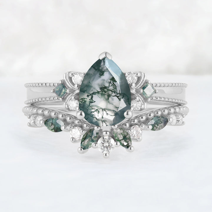 Princess Mononoke Pear Cut Moss Agate Cluster Gemstone Ring Set 2pcs