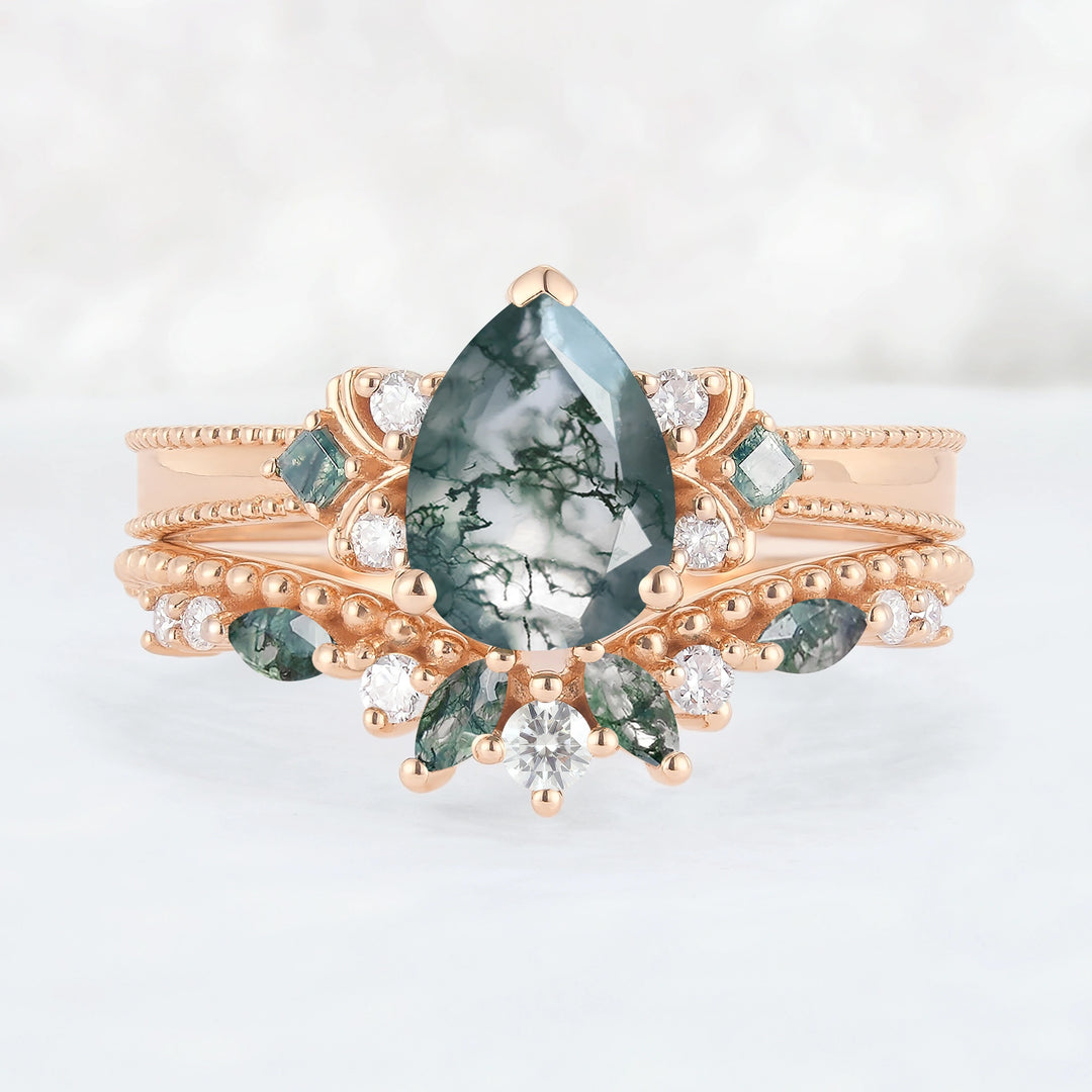Princess Mononoke Pear Cut Moss Agate Cluster Gemstone Ring Set 2pcs