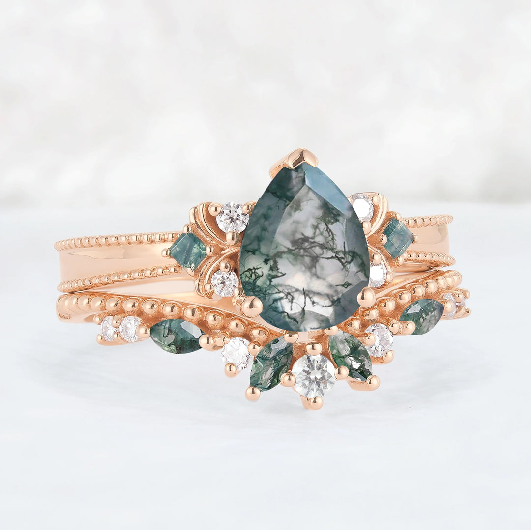 Princess Mononoke Pear Cut Moss Agate Cluster Gemstone Ring Set 2pcs