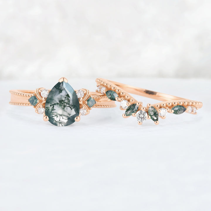 Princess Mononoke Pear Cut Moss Agate Cluster Gemstone Ring Set 2pcs