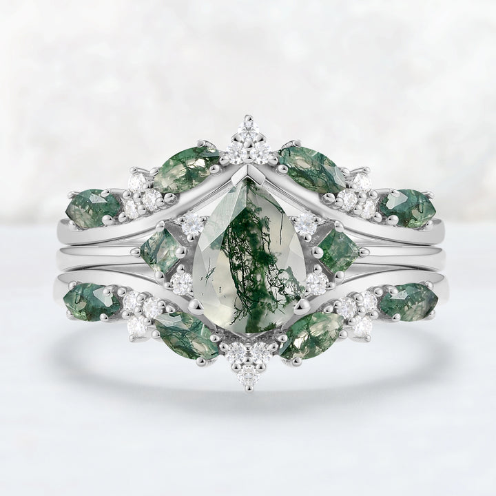 Princess Mononoke Pear Cut Moss Agate Cluster Gemstone Ring Set 3pcs