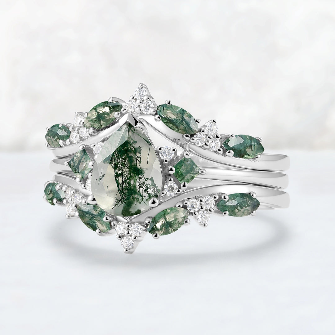 Princess Mononoke Pear Cut Moss Agate Cluster Gemstone Ring Set 3pcs