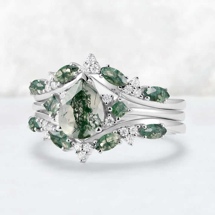 Princess Mononoke Pear Cut Moss Agate Cluster Gemstone Ring Set 3pcs