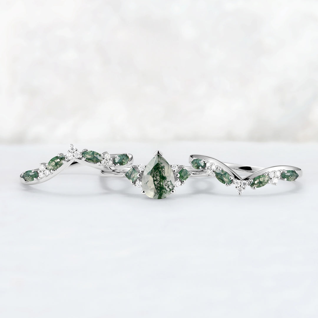 Princess Mononoke Pear Cut Moss Agate Cluster Gemstone Ring Set 3pcs