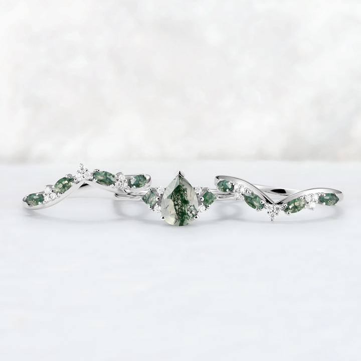 Princess Mononoke Pear Cut Moss Agate Cluster Gemstone Ring Set 3pcs