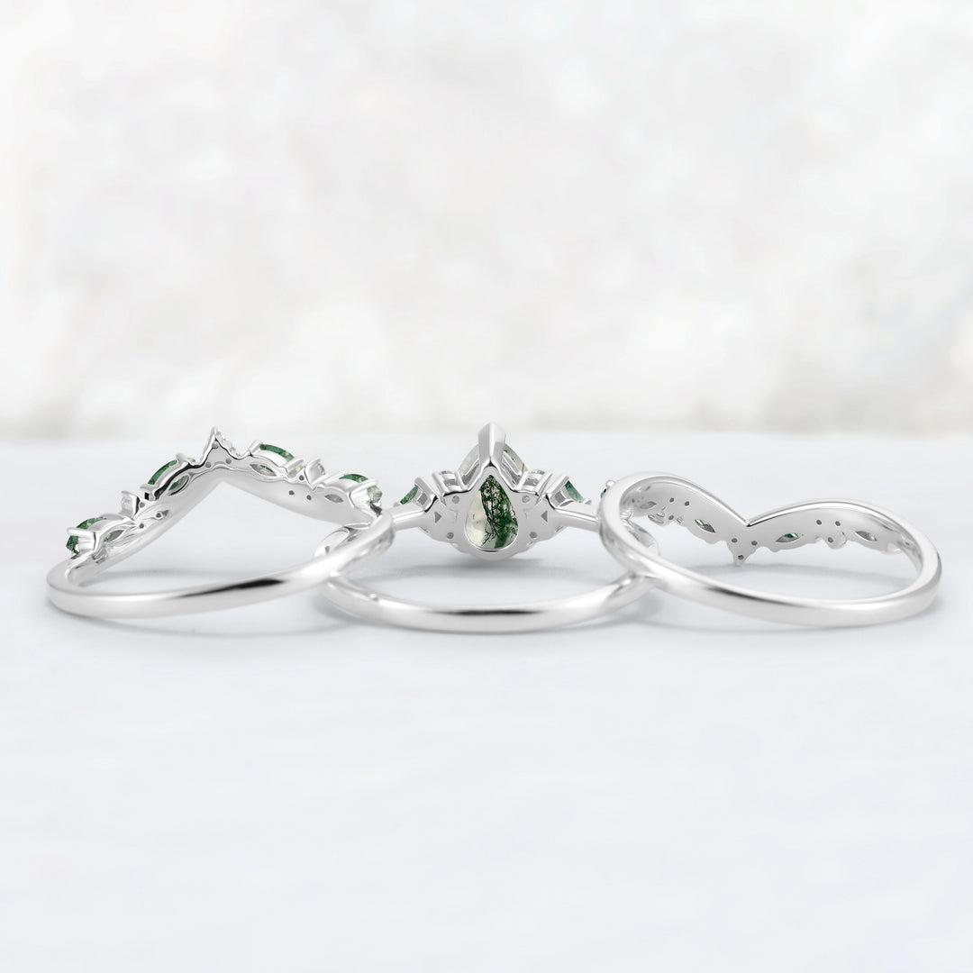 Princess Mononoke Pear Cut Moss Agate Cluster Gemstone Ring Set 3pcs