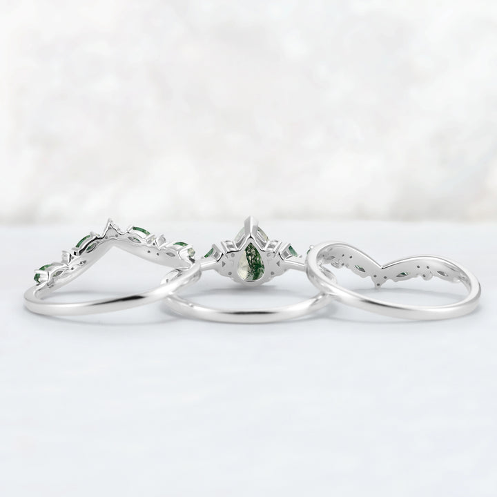 Princess Mononoke Pear Cut Moss Agate Cluster Gemstone Ring Set 3pcs