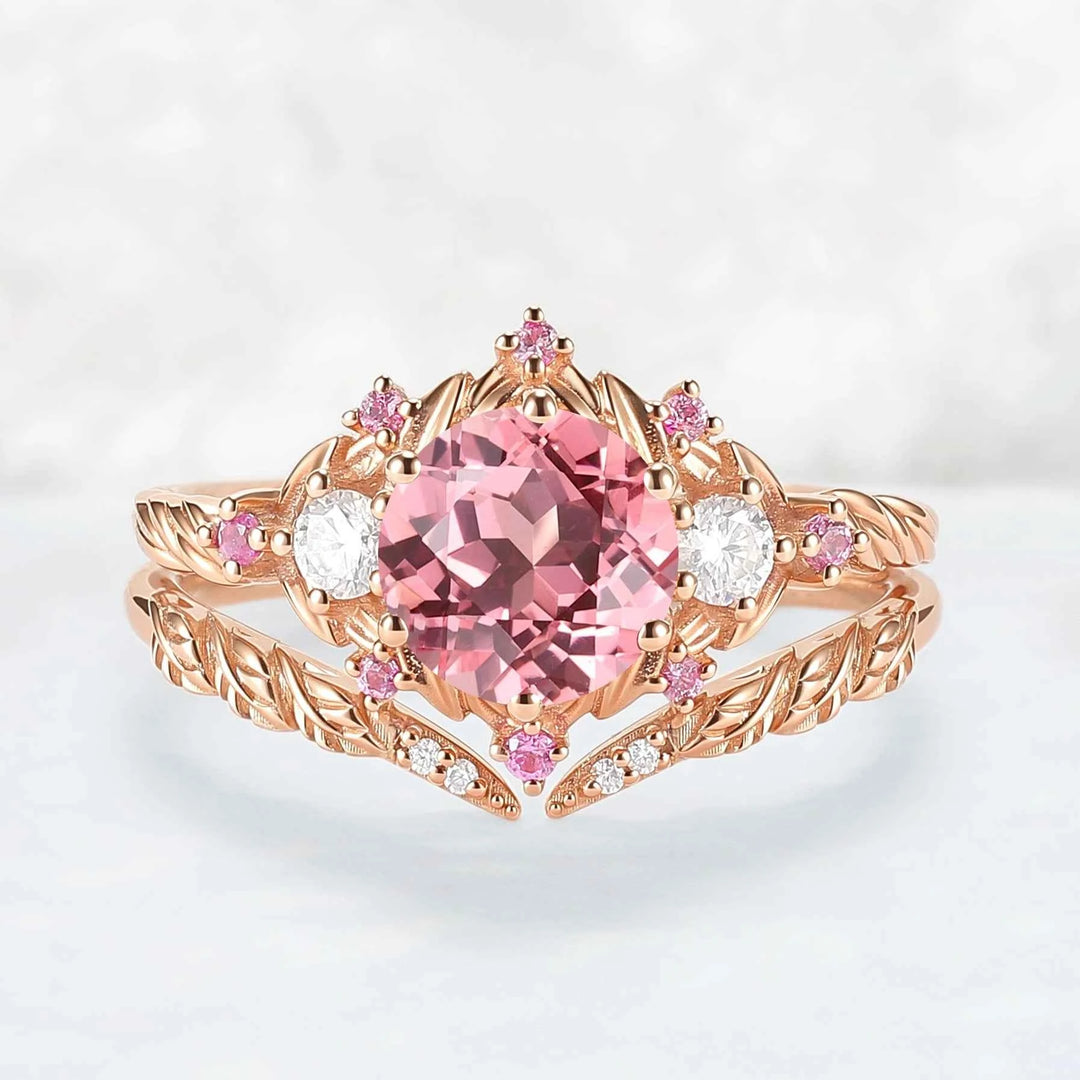 Leaf Inspired Round Pink Sapphire and Moissanite Gemstone Ring Set 2pcs