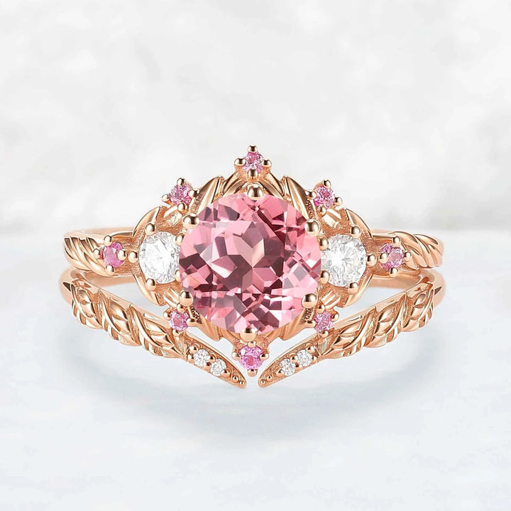 Leaf Inspired Round Pink Sapphire and Moissanite Gemstone Ring Set 2pcs