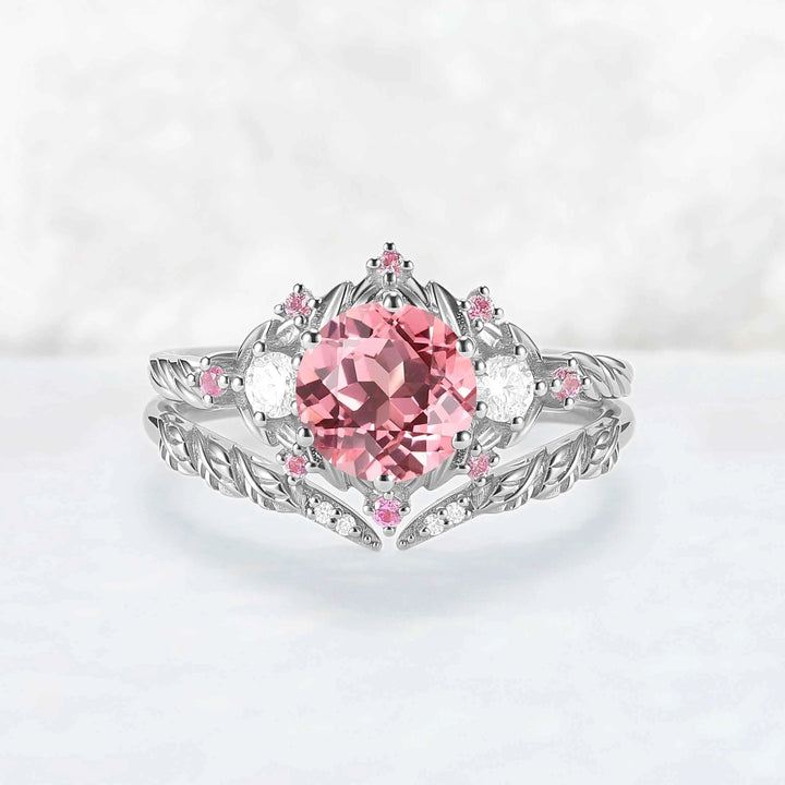 Leaf Inspired Round Pink Sapphire and Moissanite Gemstone Ring Set 2pcs