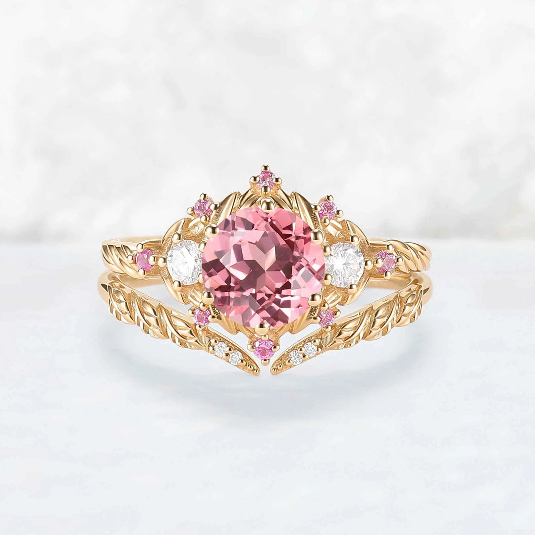 Leaf Inspired Round Pink Sapphire and Moissanite Gemstone Ring Set 2pcs