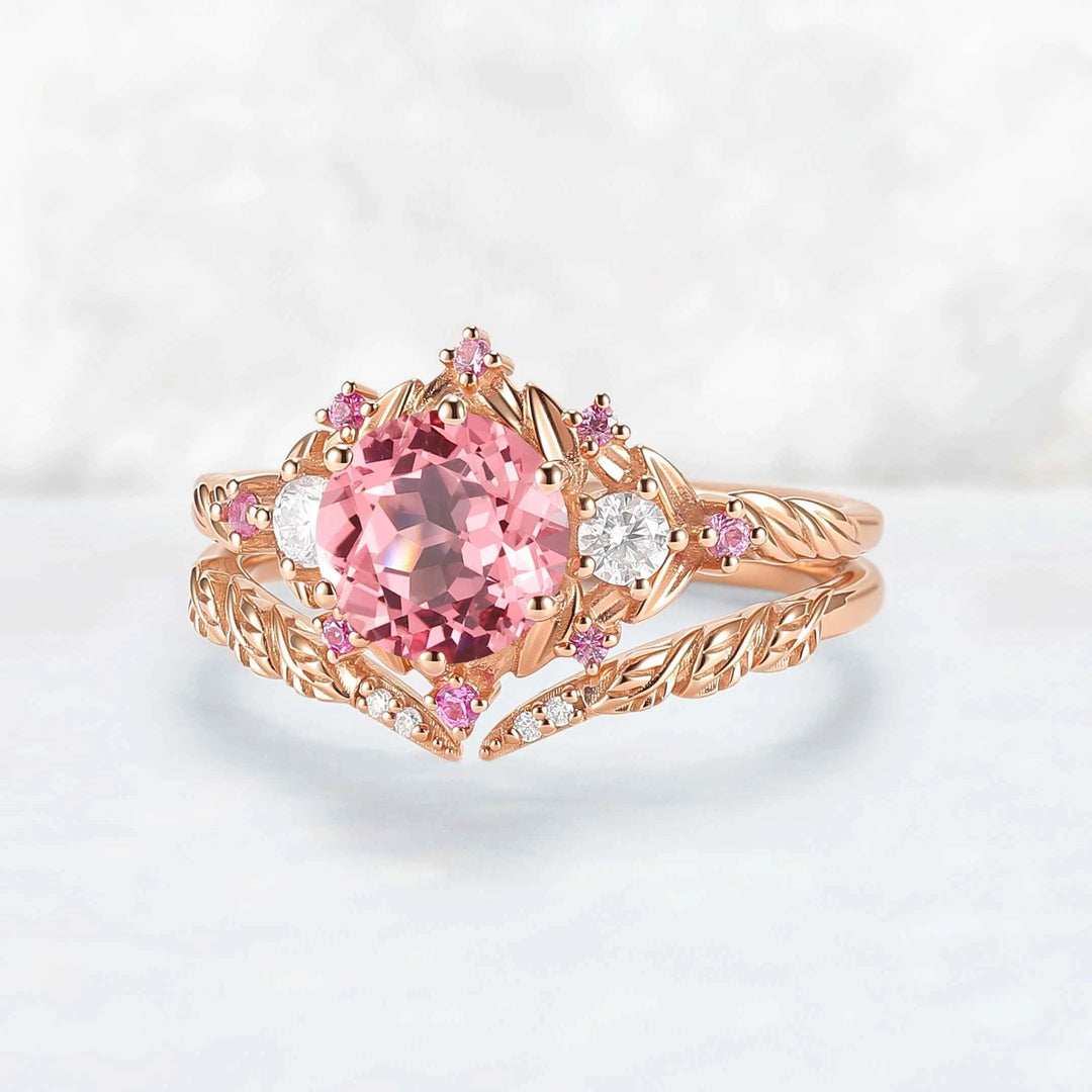 Leaf Inspired Round Pink Sapphire and Moissanite Gemstone Ring Set 2pcs