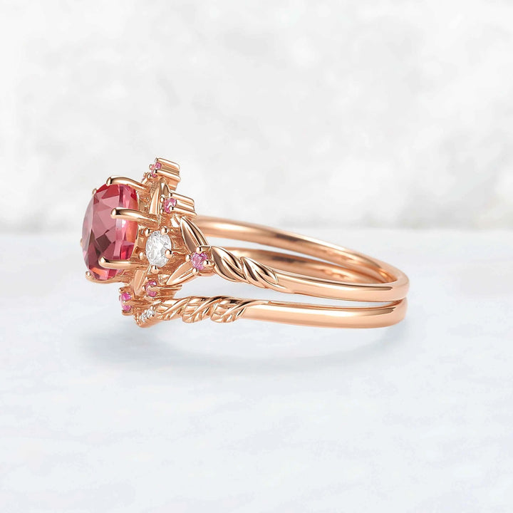 Leaf Inspired Round Pink Sapphire and Moissanite Gemstone Ring Set 2pcs