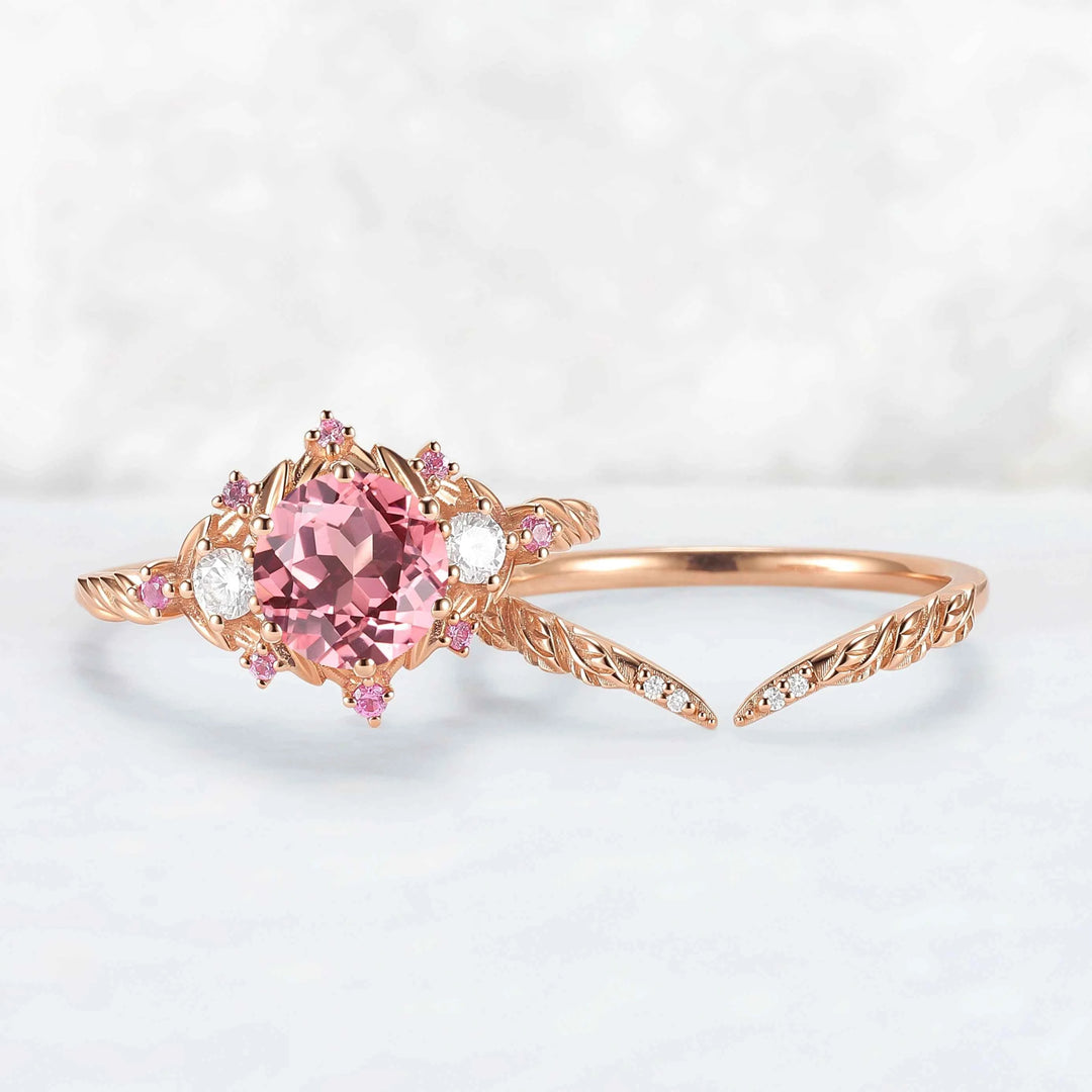 Leaf Inspired Round Pink Sapphire and Moissanite Gemstone Ring Set 2pcs