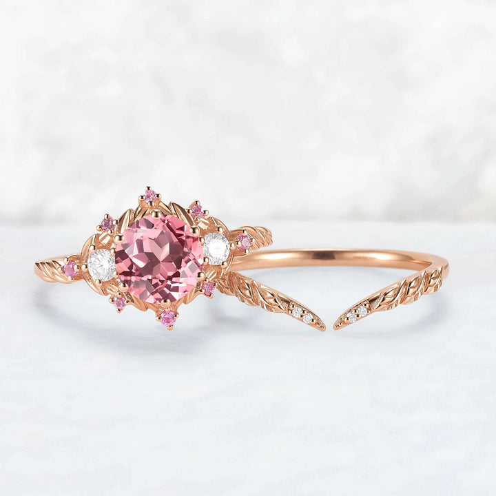Leaf Inspired Round Pink Sapphire and Moissanite Gemstone Ring Set 2pcs