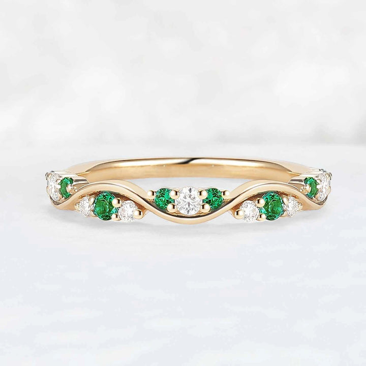 Half Eternity Round Cut Emerald and Moissanite Straight Ring