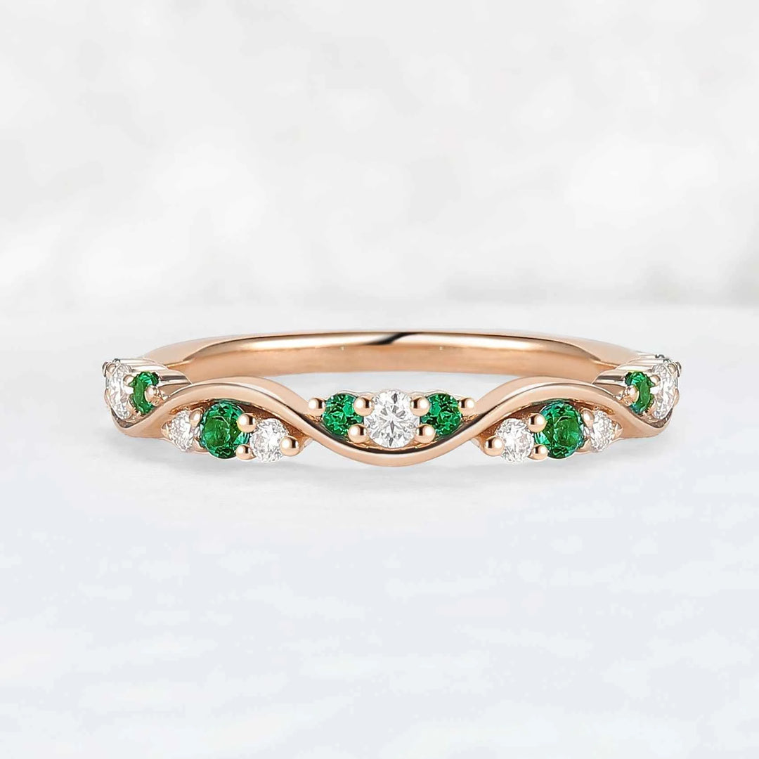 Half Eternity Round Cut Emerald and Moissanite Straight Ring