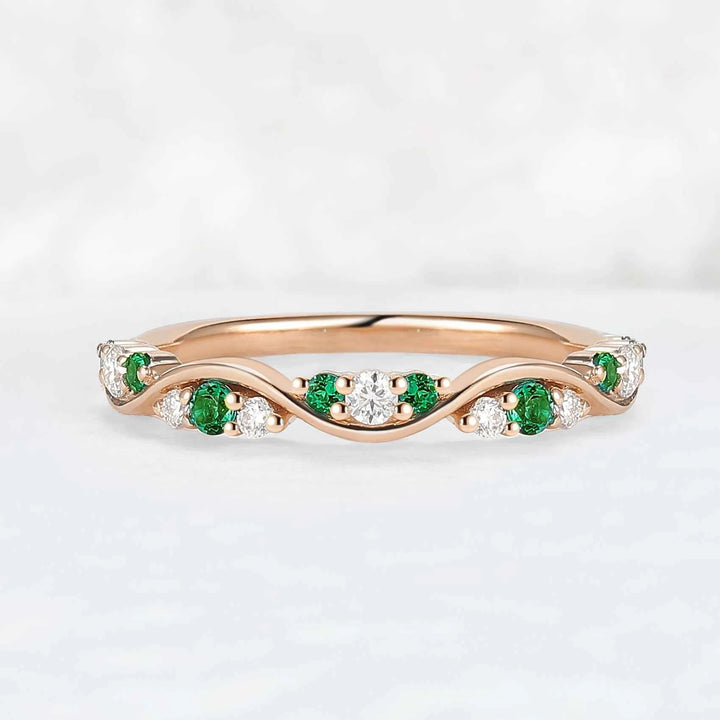 Half Eternity Round Cut Emerald and Moissanite Straight Ring