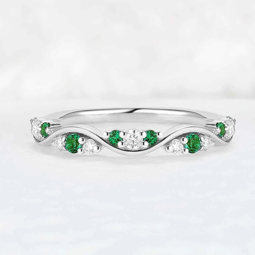 Half Eternity Round Cut Emerald and Moissanite Straight Ring