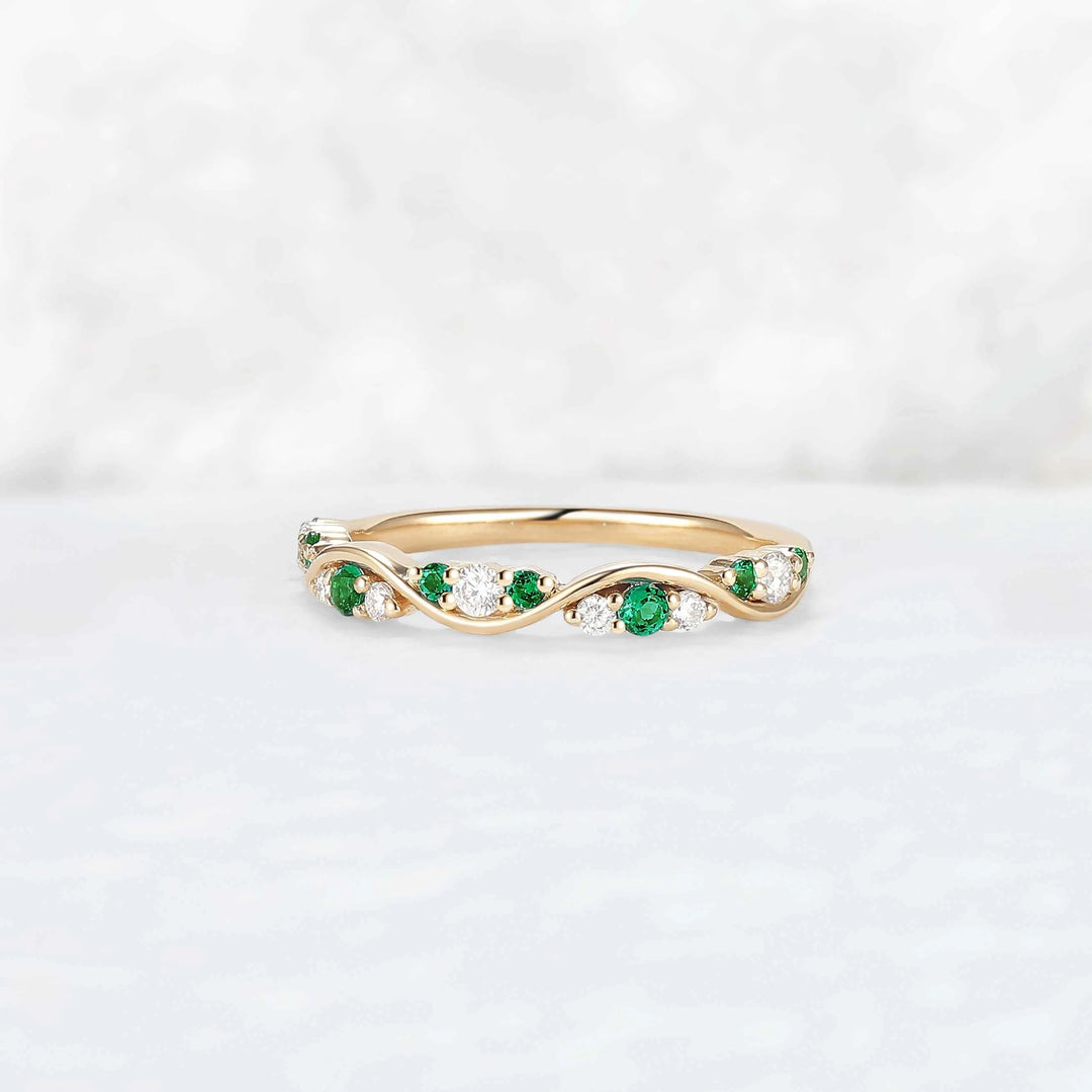 Half Eternity Round Cut Emerald and Moissanite Straight Ring