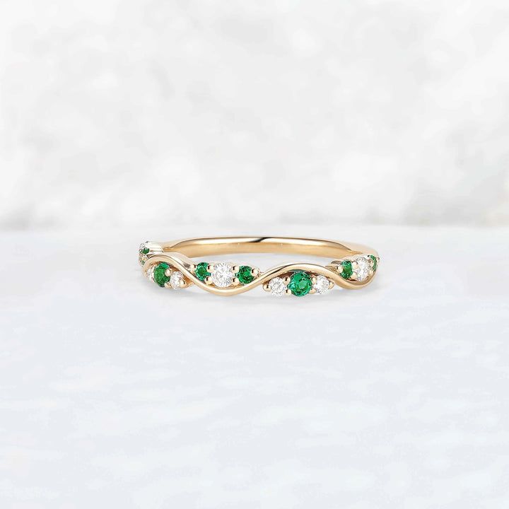 Half Eternity Round Cut Emerald and Moissanite Straight Ring