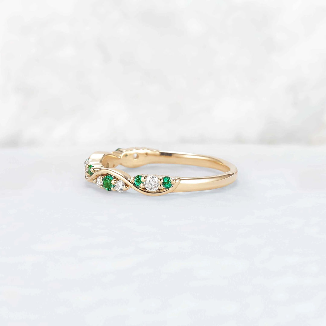 Half Eternity Round Cut Emerald and Moissanite Straight Ring
