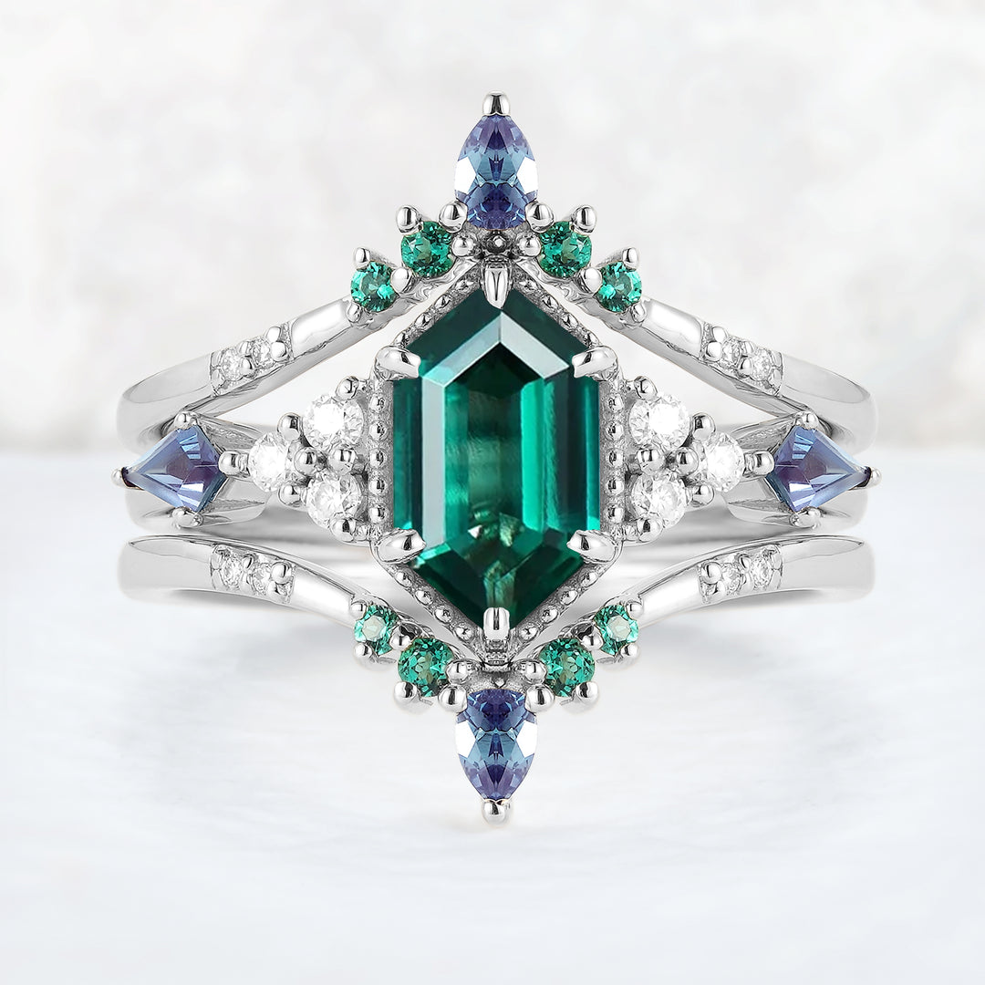 Unique Celtic Hexagon Cut Emerald Enhancer Gemstone Ring Set 2pcs