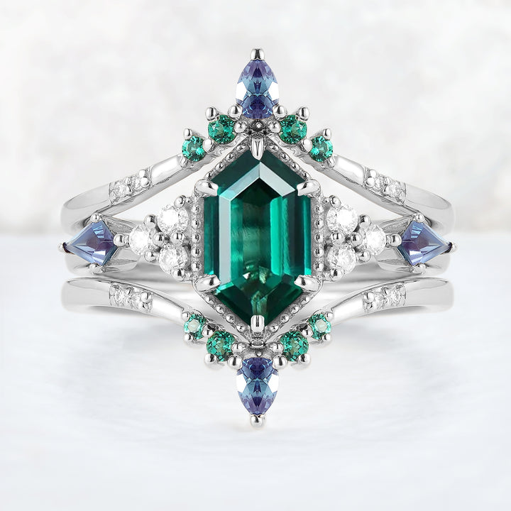 Unique Celtic Hexagon Cut Emerald Enhancer Gemstone Ring Set 2pcs