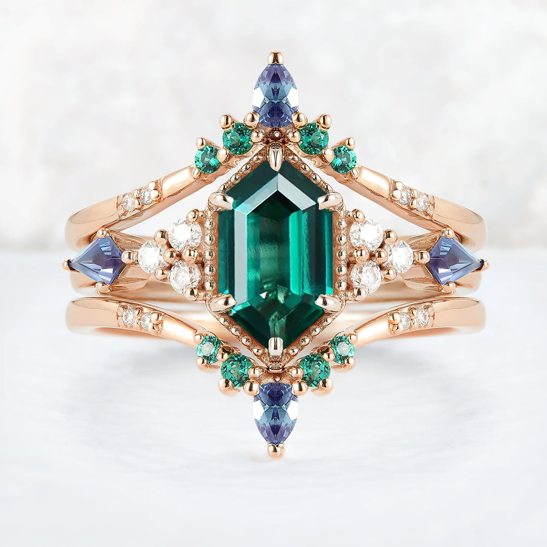 Unique Celtic Hexagon Cut Emerald Enhancer Gemstone Ring Set 2pcs