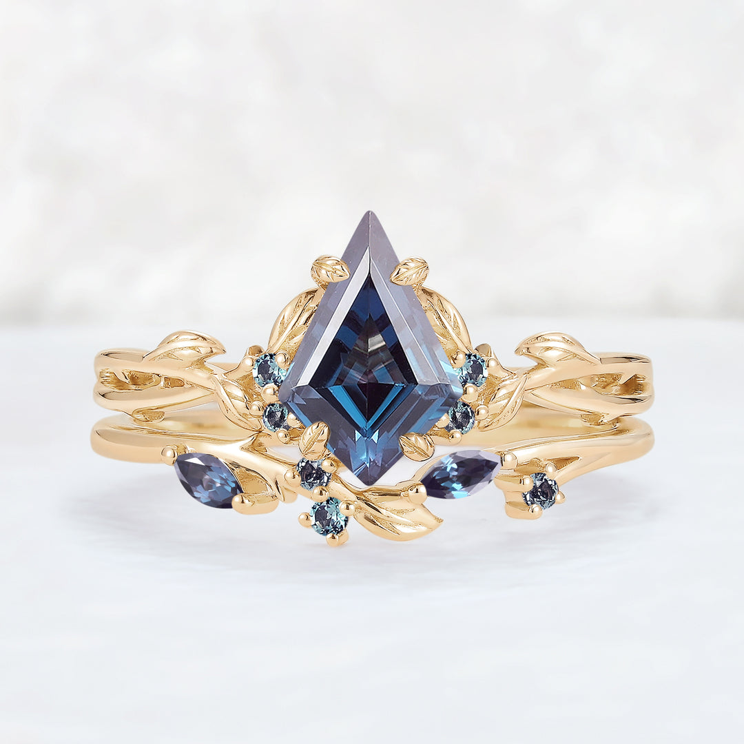 Nature Inspired Kite Cut Alexandrite Leaf Ring Set 2pcs