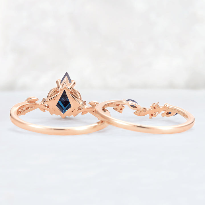 Nature Inspired Kite Cut Alexandrite Leaf Ring Set 2pcs