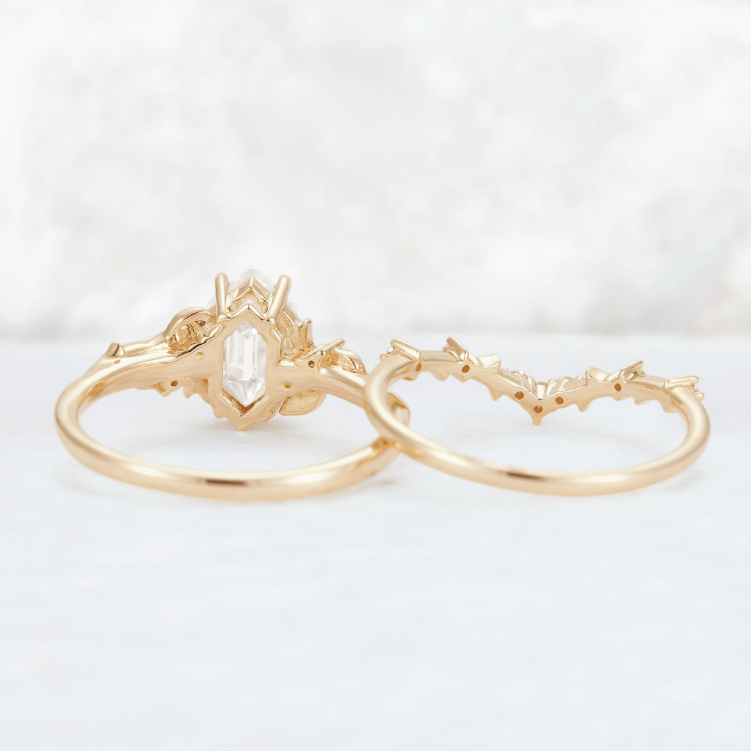 Nature Hexagon Cut Moissanite Vine Gemstone Ring Set 2pcs