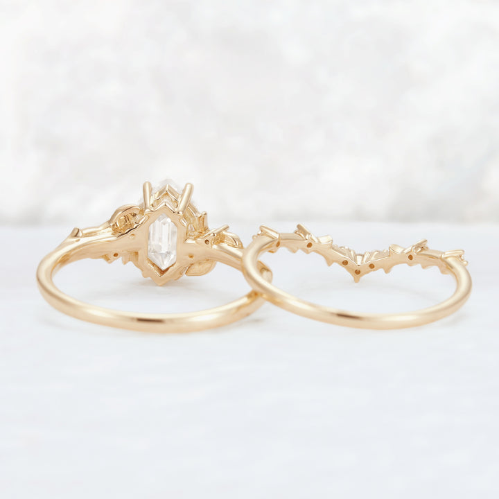Nature Hexagon Cut Moissanite Vine Gemstone Ring Set 2pcs