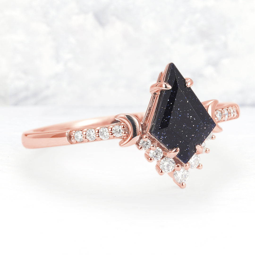 Unique kite Cut Blue Sandstone Moon Engagement Ring - Iver Jewelry