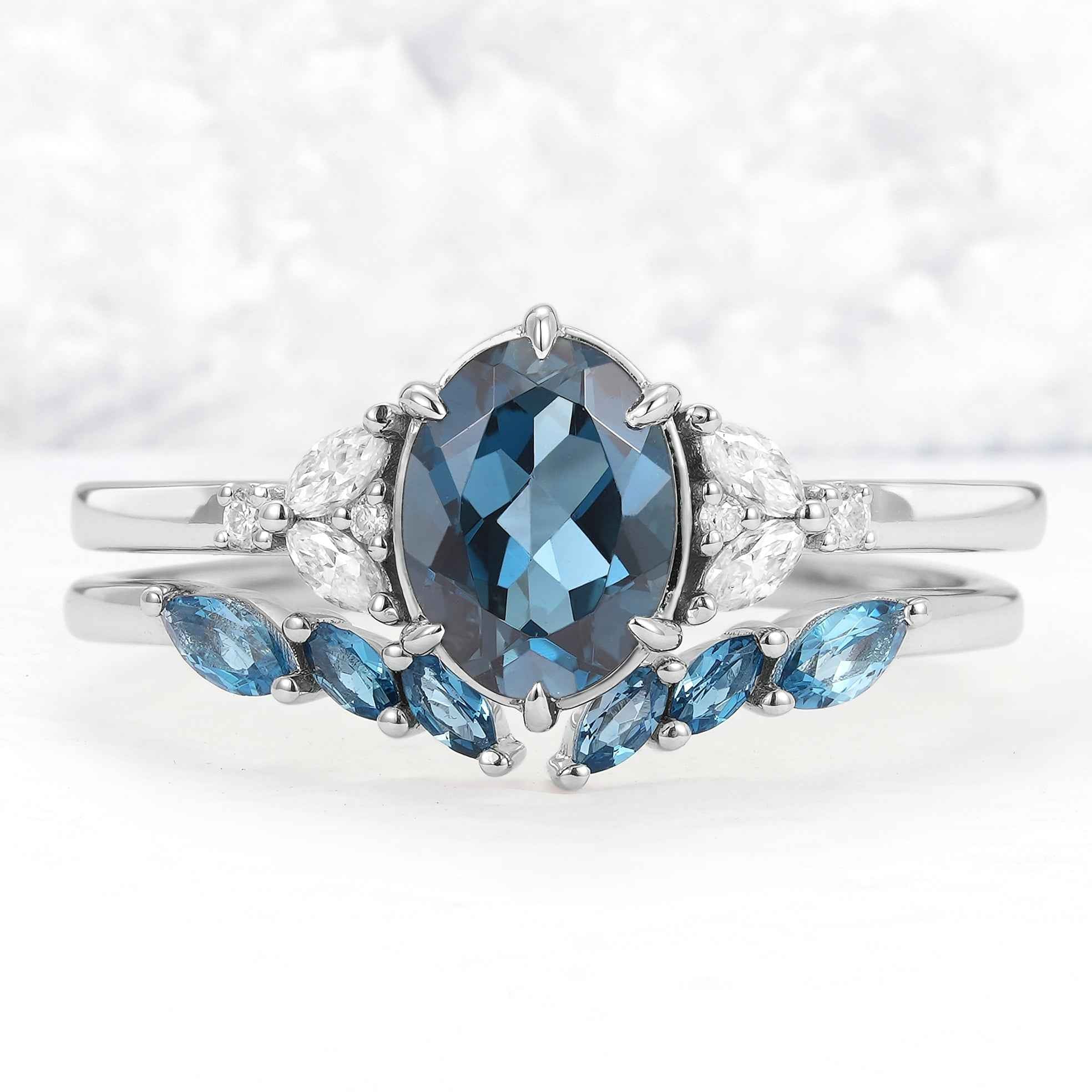 Cluster Oval London Blue Topaz Gemstone Ring Set 2pcs