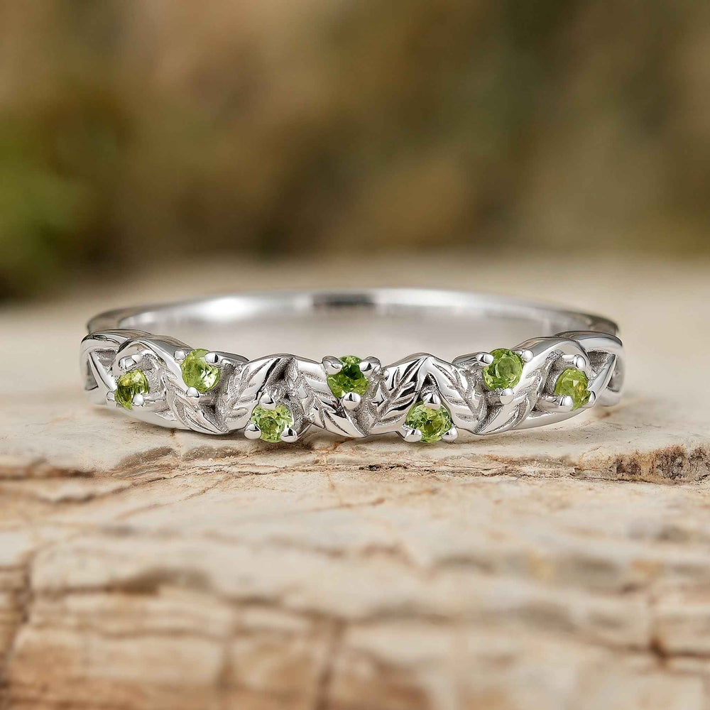 Nature Inspired Round Cut Peridot Willow Leaves Silver Stacking Ring