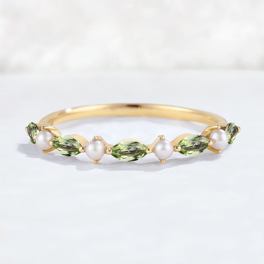 Simple Marquise Cut August Birthstone Peridot with Pearl Stacking Ring