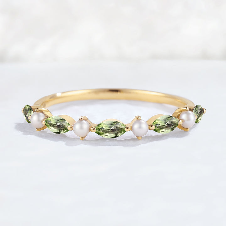 Simple Marquise Cut August Birthstone Peridot with Pearl Stacking Ring